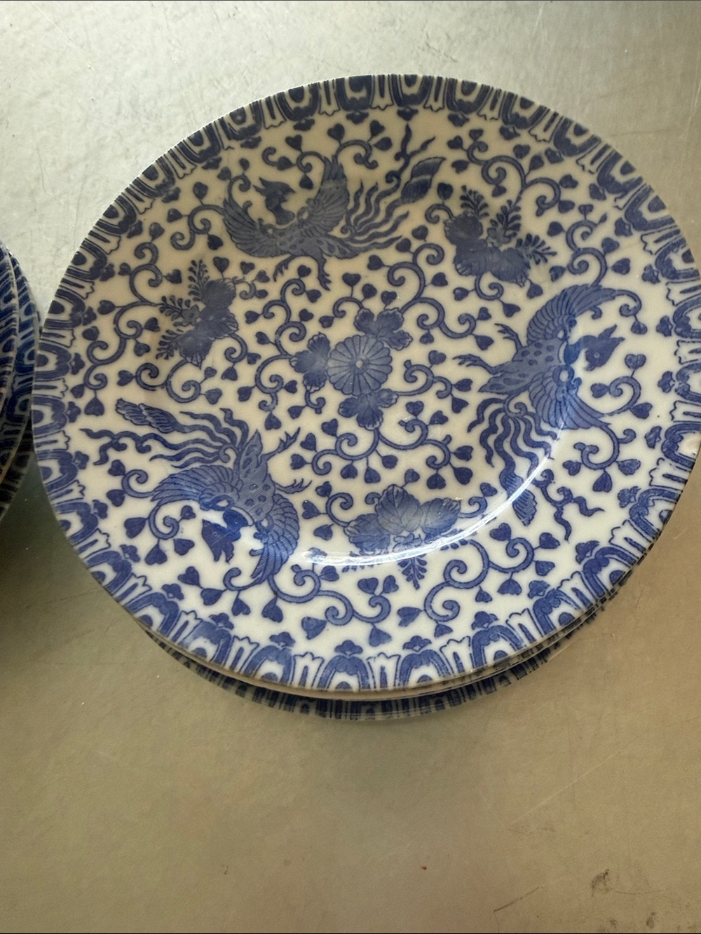 Vintage Made in Japan Blue White Phoenix Bird Porcelain Plates Set of 8